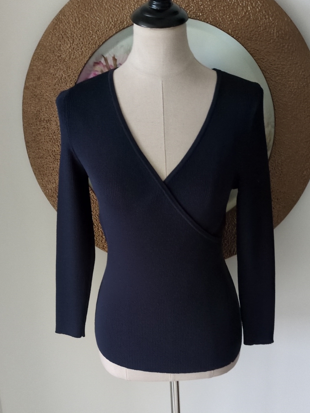Casual Corner Women's Ribbed  Navy Wrap V-Neck Long Sleeve Top